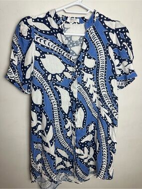 Lanhtropy Athina Linen Dress Puff Sleeve Women's Size Medium Button Front Blue